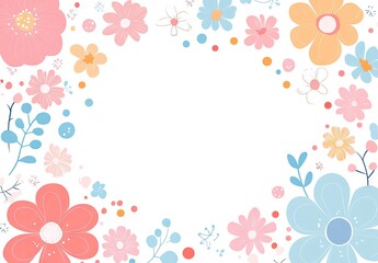 Circular wreath border of colorful flowers in pink, blue, orange and yellow with small green leaves on white center.