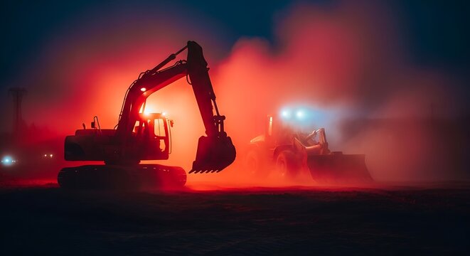 Nighttime Construction Site with Excavators and Heavy Machinery.