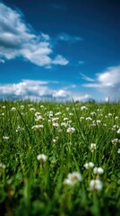 Obraz premium Vibrant green grass with white flowers under a bright blue sky