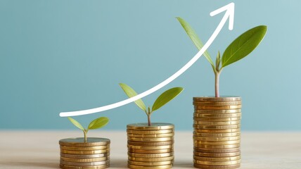Stacks of coins with growing plants and upward trend arrow