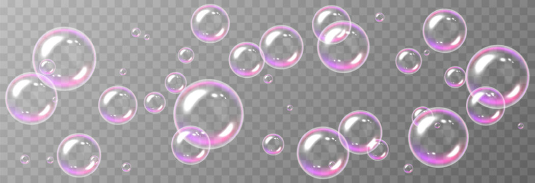 Realistic soap bubbles PNG. Flying soap bubbles on an isolated transparent background. Bubbles from foam or detergent.