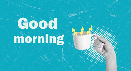 Good morning art collage celebrating blue monday with a hand holding a coffee cup