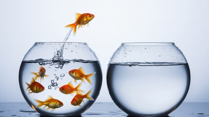 Goldfish jumping from crowded bowl to empty one symbolizing change