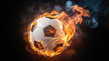Flaming soccer ball engulfed in fiery blaze with smoke