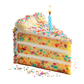 Funfetti Cake Slice with Lit Candle and Sprinkles Isolated on Transparent Background
