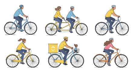 Fototapeta premium Diverse people cycling for leisure, commuting, and delivery, promoting healthy and sustainable transportation options.
