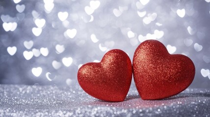 Two red hearts on sparkling background for Valentine's Day