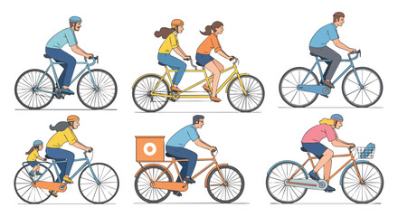 Obraz premium Diverse people cycling in various scenarios: family, couples, delivery, and individual rides, promoting healthy lifestyle and urban transport.