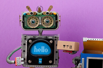 Fototapeta premium Delivery service, shipment logistics concept. Robot with cardboard box postal parcel package.