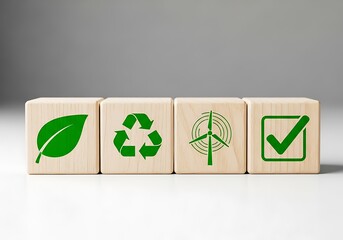 Wooden blocks displaying symbols for sustainability and environmental consciousness