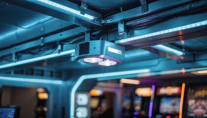 Naklejka premium Medium shot of a ceilingmounted ambient lighting rig with cool blue LED strips creating a futuristic arcade atmosphere main fixtures sharply in focus and background softly blurred.