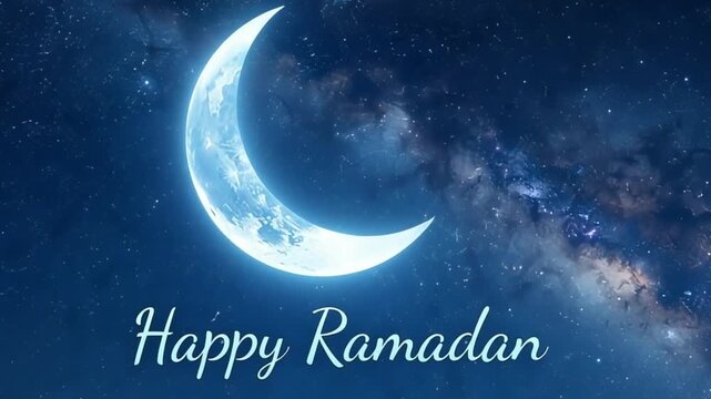 Minimal Blue Ramadan Night Sky Background With Crescent Moon Glow Subtle Stars Peaceful Islamic Celebration Spiritual Evening Atmosphere Elegant Motion Design Clean Festive Visual Calm Sacred Theme 