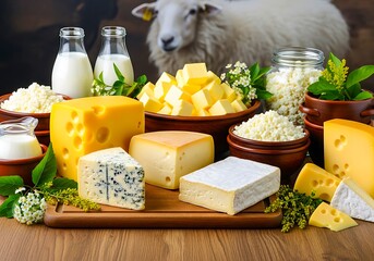 A variety of dairy products including cheese milk and yogurt with a sheep