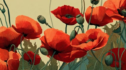 Obraz premium Detailed illustration of red poppies featuring open blooms, buds, and green leaves, set against a soft beige background highlighting floral elements