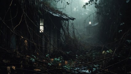 Fototapeta premium Mysterious forest cabin in foggy woods with dim light and overgrown vines.