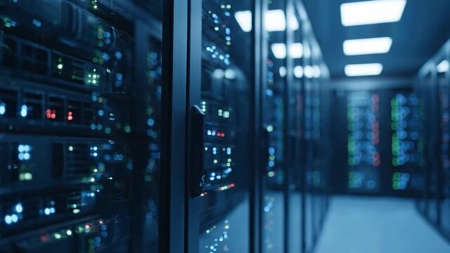 Rows of computer servers in a modern data center with blinking lights