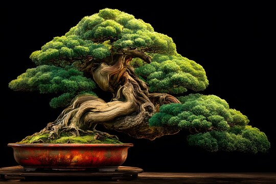 Ancient juniper bonsai tree with twisted trunk and lush green canopy against black background with dramatic spotlighting in fine art view.