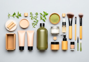 Flat lay of cosmetic products and fresh green leaves on gray background