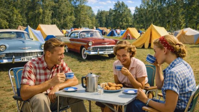 Vintage video scene of retro diner scene with classic cars and people on camping outdoors. 
