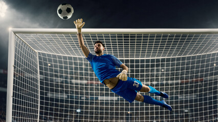Obraz premium Soccer goalkeeper diving save against powerful shot on stadium field. Concept of match highlight, goal defense, professional football action, sports media, advertising, and training materials.