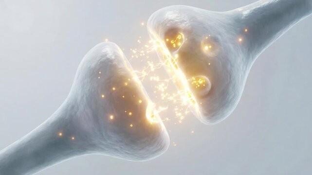 Neurotransmitters releasing and crossing the synaptic cleft between neuron terminals in close-up