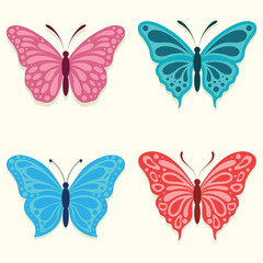 A set of four cute butterflies in different colours. Insect vector illustration.
