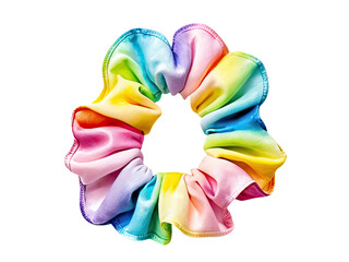 A colorful hair scrunchie with a rainbow design on a white background, perfect for adding a pop of color to your hairstyle