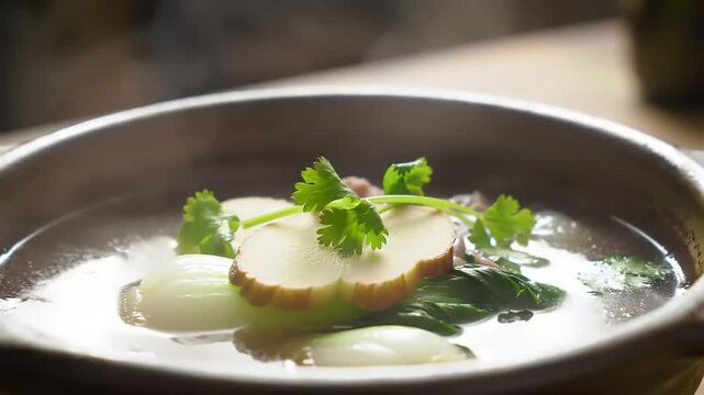 A steaming bowl of soup with sliced ginger and vegetables on a table indoors.