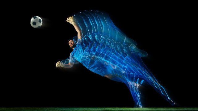 Soccer goalkeeper jumping save motion sequence isolated on dark background. Concept of vertical reach, reaction timing, training analysis, match highlights, and football performance visualization.