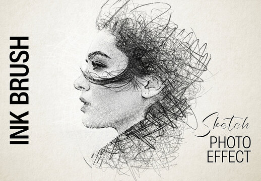 Artistic Ink Brush Sketch Portrait Photo Effect Mockup Drawing Style