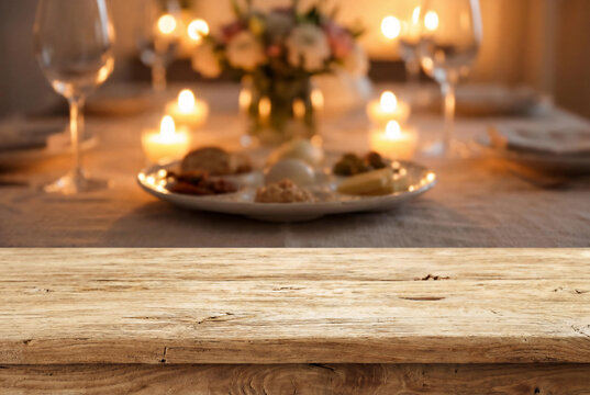 Empty rustic wooden table mock up with blurred background of Jewish Passover Seder dinner with traditional plate and candle light for product placement and holiday celebration