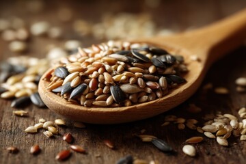 Fototapeta premium Wooden Spoon Filled with Mixed Seeds on Rustic Table.