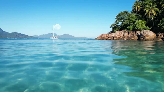 Clear tropical sea with calm turquoise water and small island under blue sky. Travel concept