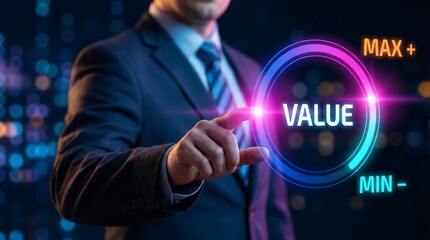 A businessman in a crisp suit confidently interacts with a glowing holographic display showing the word "VALUE" with 'Max+' and 'Min-' indicators, illustrating optimization strategy.