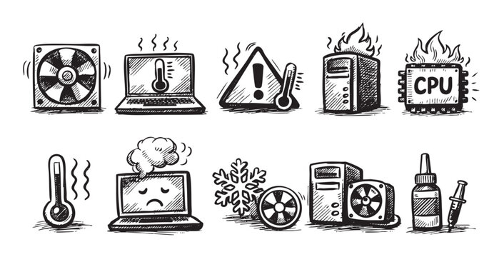 Hand-drawn style vector illustrations of common computer issues and solutions, isolated on white. Ideal for tech blogs, repair shops, or instructional content.