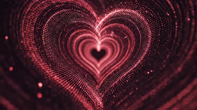 Abstract Red Glowing Heart Tunnel Background with Particle Effect, Love and Romance Concept