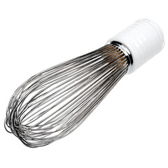 A stainless steel balloon whisk with a white handle on transparent background