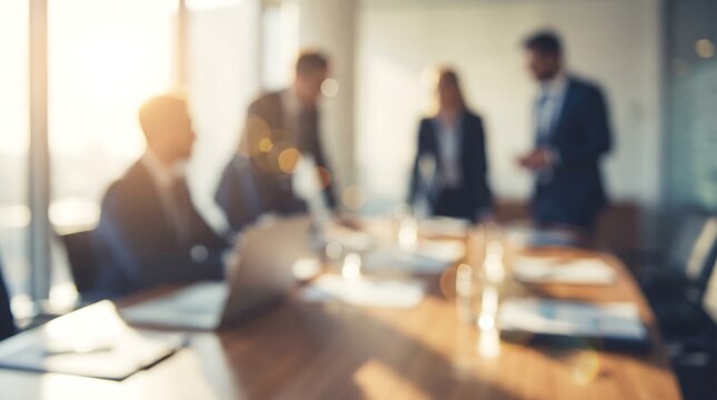 A soft focus image captures a dynamic business meeting in a modern office, with indistinct figures of professionals collaborating around a large wooden table bathed in sunlight.