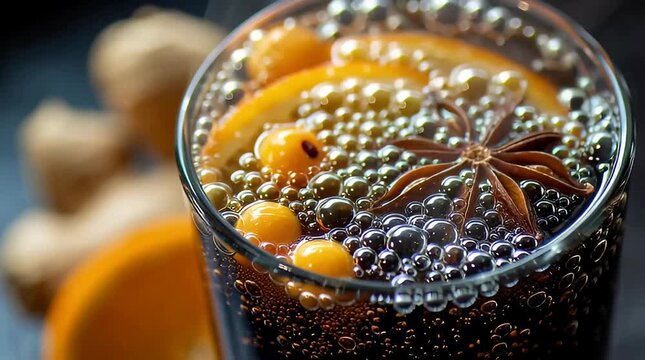 Close-up of a refreshing drink with orange slices, star anise, and sea buckthorn berries, bubbling with carbonation.