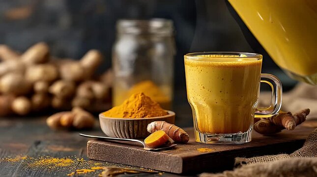 Golden Turmeric Milk Being Poured into a Glass Healthy Beverage.