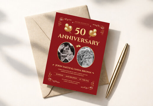 Elegant Wedding Anniversary Invitation Card with Red Accents