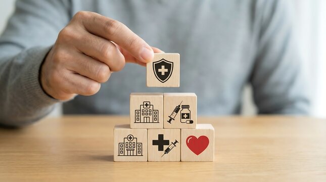 A hand delicately places a wooden block with a black medical shield icon on the top tier of a stack, symbolizing comprehensive health and protection within a structured healthcare system.