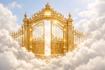 Stunning Golden Gate Stands Open in a Celestial Landscape, Surrounded by Soft Clouds, Symbolizing Hope and New Beginnings