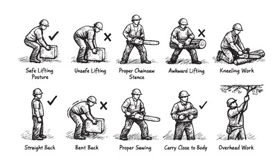 Fototapeta premium Illustration demonstrating correct and incorrect postures for various manual labor activities like lifting and chainsaw operation, emphasizing workplace safety and injury prevention guidance.
