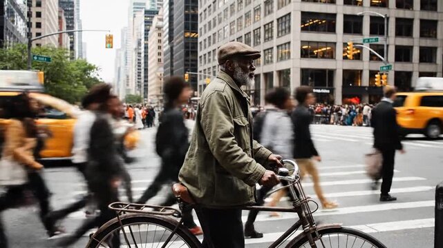 A blurred motion video of a man on a bicycle crossing a busy street in a big city