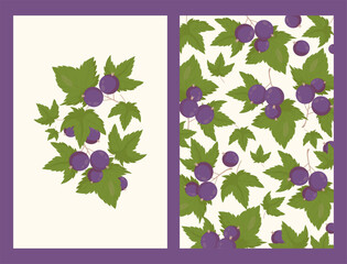 Botanical Cards with Blackcurrant Berries and Leaves Set. Posters with Branches Fruit Currant on Light Background. Isolated Vertical template. Vector illustration