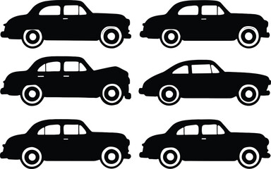 Fototapeta premium Set of classic vintage car silhouettes, retro automobile side view vector icons, old sedan collection for transportation design.