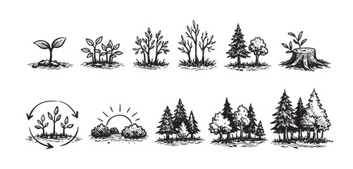 Illustration showing stages of plant and tree growth, from seedling to forest. Black and white sketch style. Use for ecology, nature, environment themes.