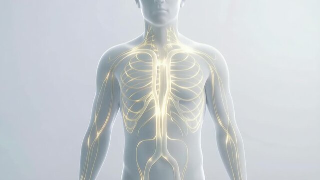 Human torso with glowing nervous system pathways pulsing through chest, neck and arms in medical view