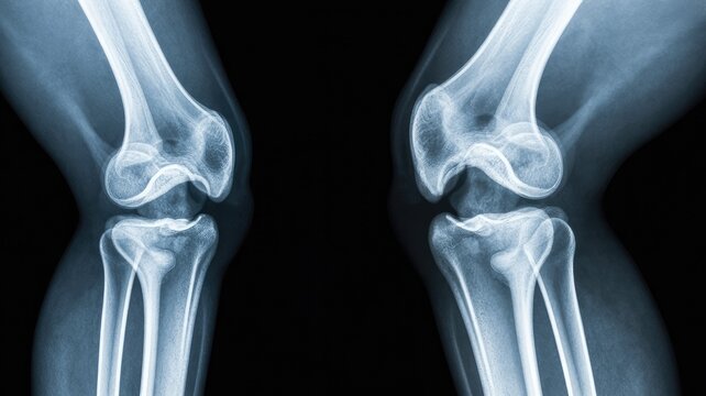 Detailed X-ray images of two human knees showing bone structure and joints.